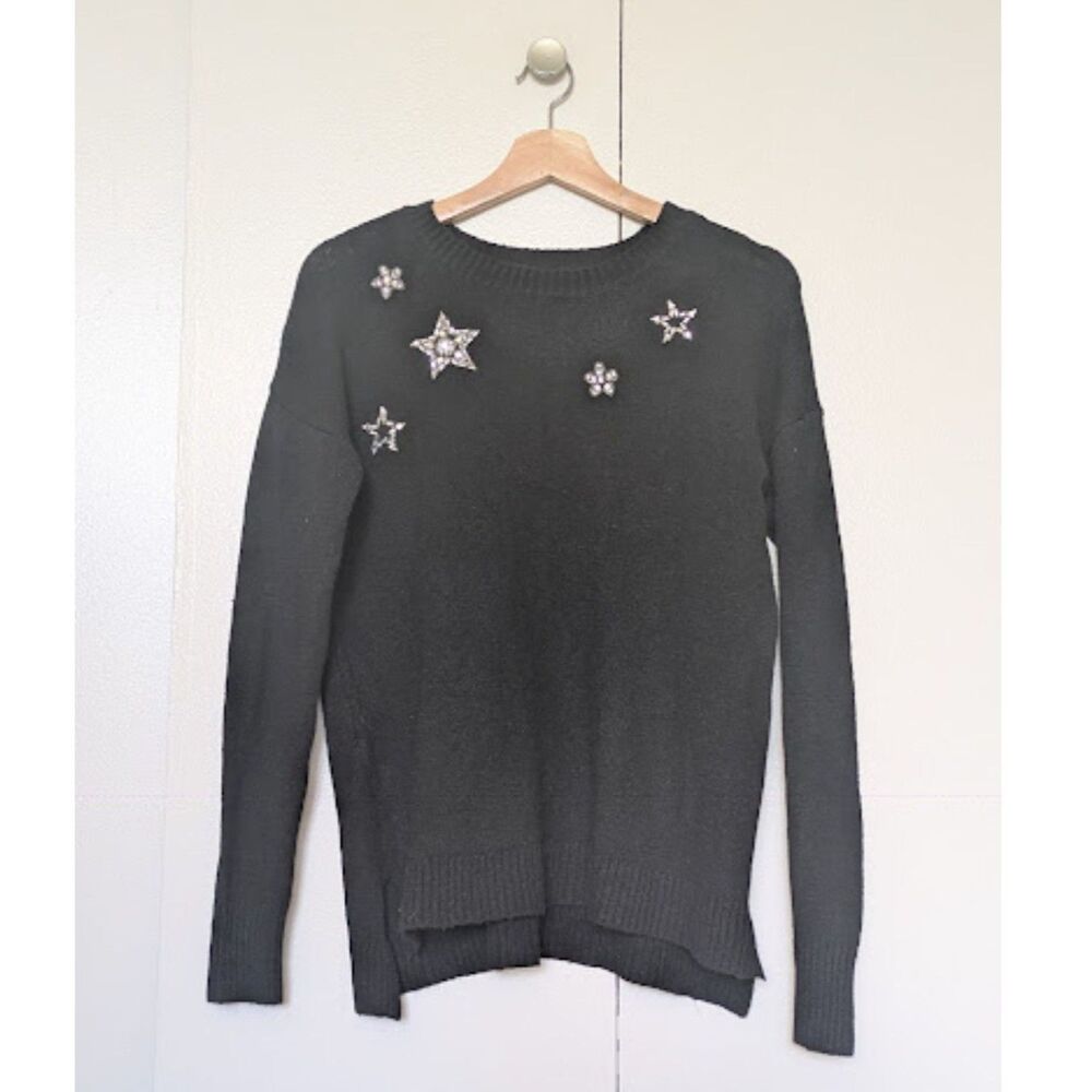 NWT Linda Matthews Relaxed Fit Beaded Star Black Crewneck Sweater Sz S